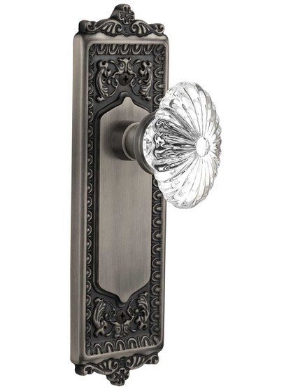 Egg and Dart Style Door Set with Oval Fluted Crystal Glass Knobs in Antique Pewter.